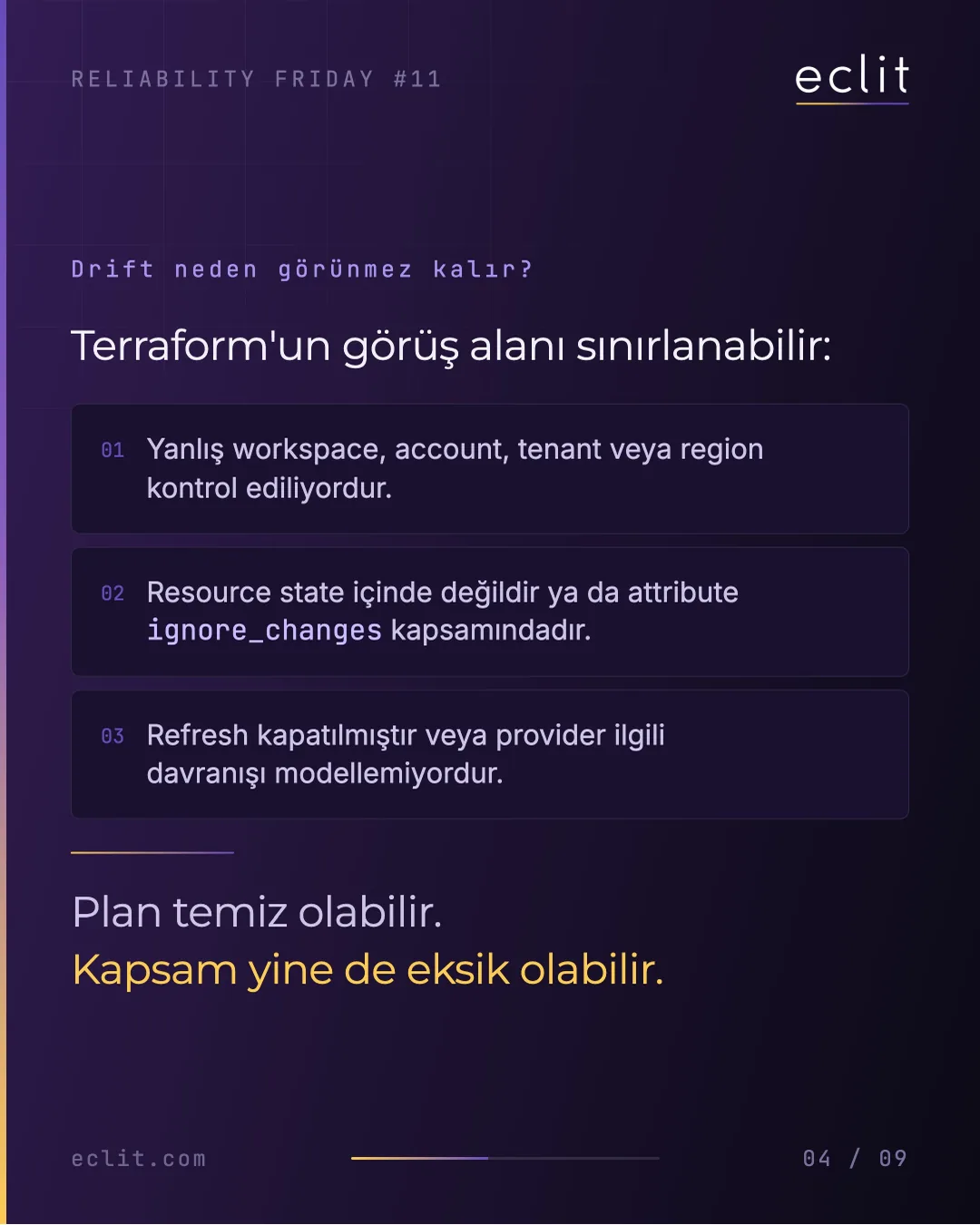 Reliability Friday 11: Terraform Drift ve "No changes" Neden Kanıt Değildir? — 4/9