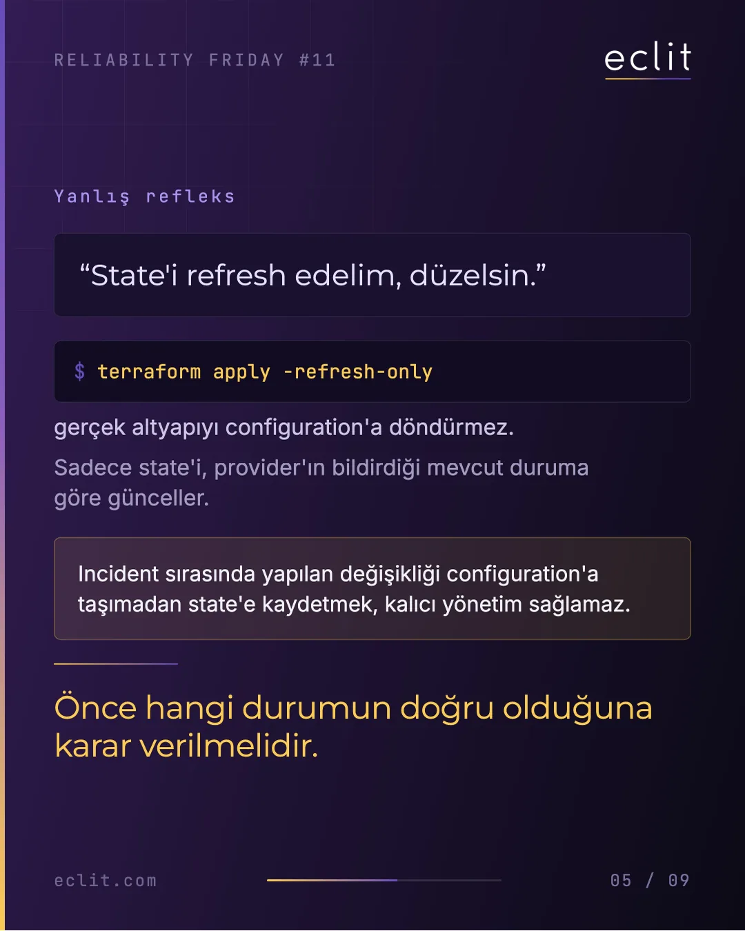 Reliability Friday 11: Terraform Drift ve "No changes" Neden Kanıt Değildir? — 5/9
